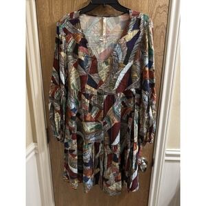 NEW Uncle Frank Long Sleeve V-Neck Peplum Dress Natural Tone Colorful Leaves Med